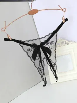 Open Thongs for Women Crotchless Embroidery G String Tanga Lace Briefs Transparent Sexy Lingerie