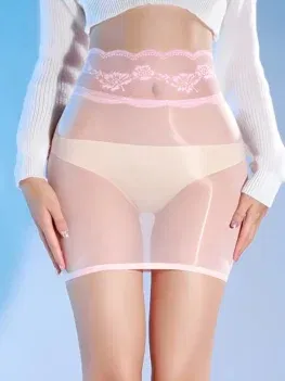 5D Oil Shiny Lace Patchwork High Waist Buttocks Mini Skirt Women Sexy Thin Transparent Babydoll Dress Hot Pole Dance Clubwear