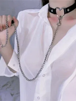 Sexy Collar Gothic Choker Necklaces Pink Faux Leather Stainless Steel Heart Metal Pendant Harajuku Neck Strap Women Jewelry Gift