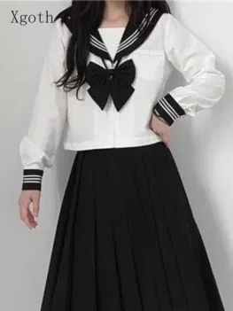 Original Jk Basic Suits Black-collar White Jk Uniforms Japanese Bad Girl Long Skirt Sailor Suit Intermediate Suit Cartoon Girl