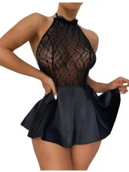 Women' Fashion Solid Color Strap Sexy Lace Nightdress Underwear Hot Sexy Hollow Out Neck-mounted Black Color A-line Mini Dress