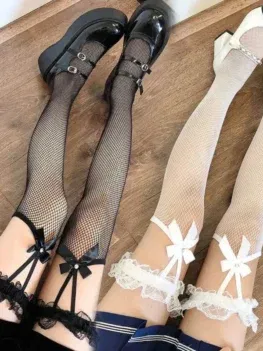2 Pair Women Y2K Harajuku JK Long Socks Goth Mesh Stockings Lolita Style Cosplay Girl Sexy Knee Bowknot Thigh High Stockings