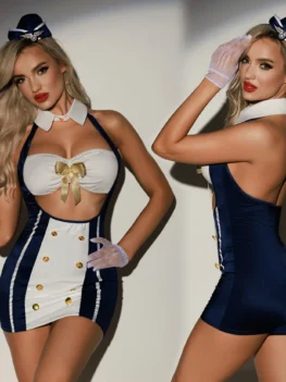 JSY Sexy Stewardess Cosplay Lingerie Women Underwear Set Halter Dress Babydoll Nightgown Erotic Costumes Sexy Role Play Outfit