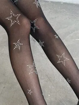 Y2k Star Diamond Rhinestone Fishnet Sexy Women Pantyhose Thigh High Stockings JK Lolita Girls Kawaii Bling Underwear Pantyhose