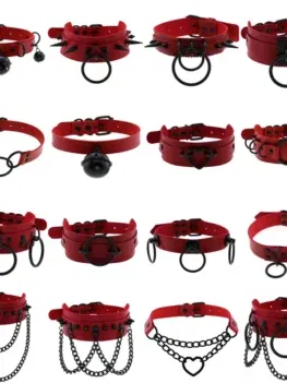 Fashion Summer Goth Red PU Leather Necklaces Women Sexy Choker Collar Punk Spiked Neck Strap Clavicle Mens Jewelry Bondage
