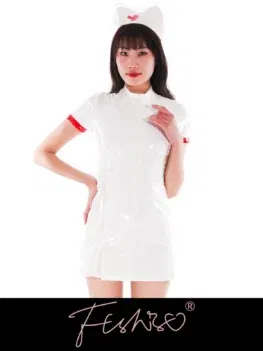 Ftshist Shiny Patent Leather Nurse Uniform Short Dress with Double-breasted Design Back Zipper Short Sleeves Slim Waist Roleplay