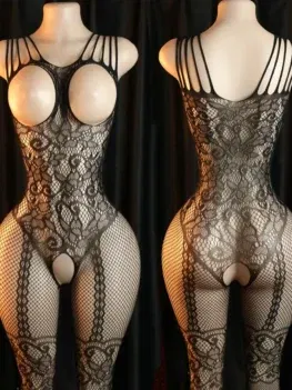 Women's Sexy Sheer Floral Jacquard Fishnet Bodysuit - High Stretch, Open Chest & Crotchless Design | Lingerie Bodystockings