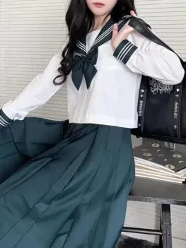 Japanese Bad Long Skirt Sailor Suit Middle Suit Dark Green Three Basic JK Uniform Orthodox School Uniform Set