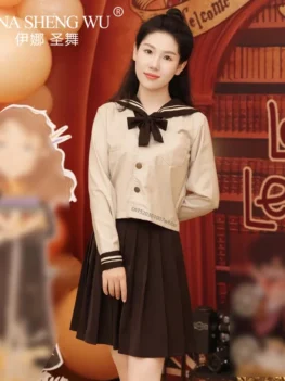 JK Uniform Pleated Skirt Khaki Long Sleeved Pleated Skirt College Style Japanese Short Sleeved Top Women Cosplay Sailor Clothing
