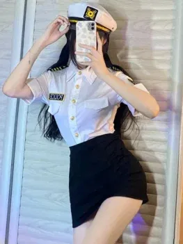 Halloween Flight Costume Women Stretch Slim Waist Flight Attendant Top with Skirt Secretary pPolicewoman Cosplay