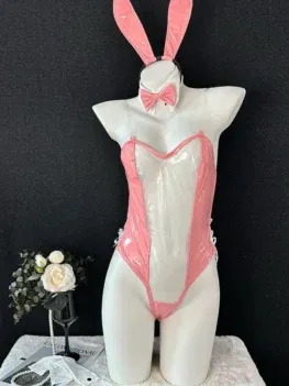 Anime Bunny Girl Cosplay Costume Rabbit Maid Uniform Outfits Sexy Pink Transparent Bra Leather Bodysuit Role Play Lingerie