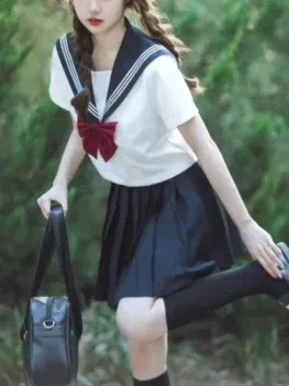 Japanese Style XS-2XL School Girls School Uniform Navy Clothing Women Sexy Navy Jk Basic Suit Sailor Blouse Pleated Skirt