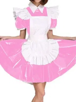 Plus Size Exotic Maid Cosplay PVC Uniform Women Wet Look Short Puff Sleeve Mini Dress French Maid Costume Lolita Apron Dress