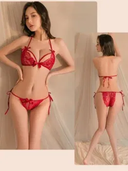 Ladies' Sexy Lingerie Sexy and Hot Lace Straps Three-point Bra Underwear Transparent Hollow Out Non Removable Pajama Set