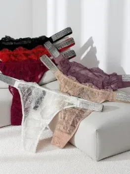 Classic Sheer Lace V Women's Panties Patterned Fashionable No Show Antibacterial Soft with Rhinestones Women's Underwear Thong